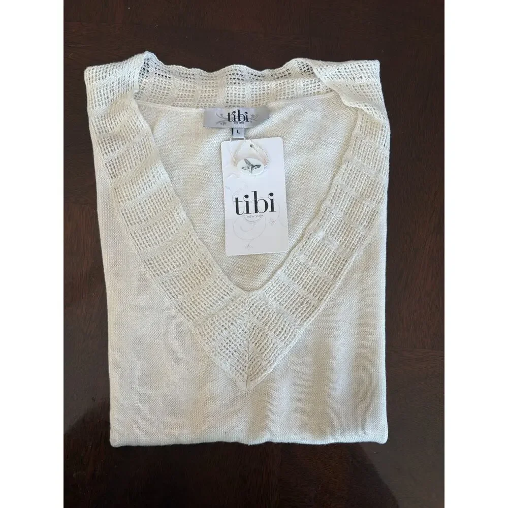 Tibi Cream Color Size Lg V-neck Knit w/ Lattice Detail At Neckline Linen Silk - Picture 5 of 5